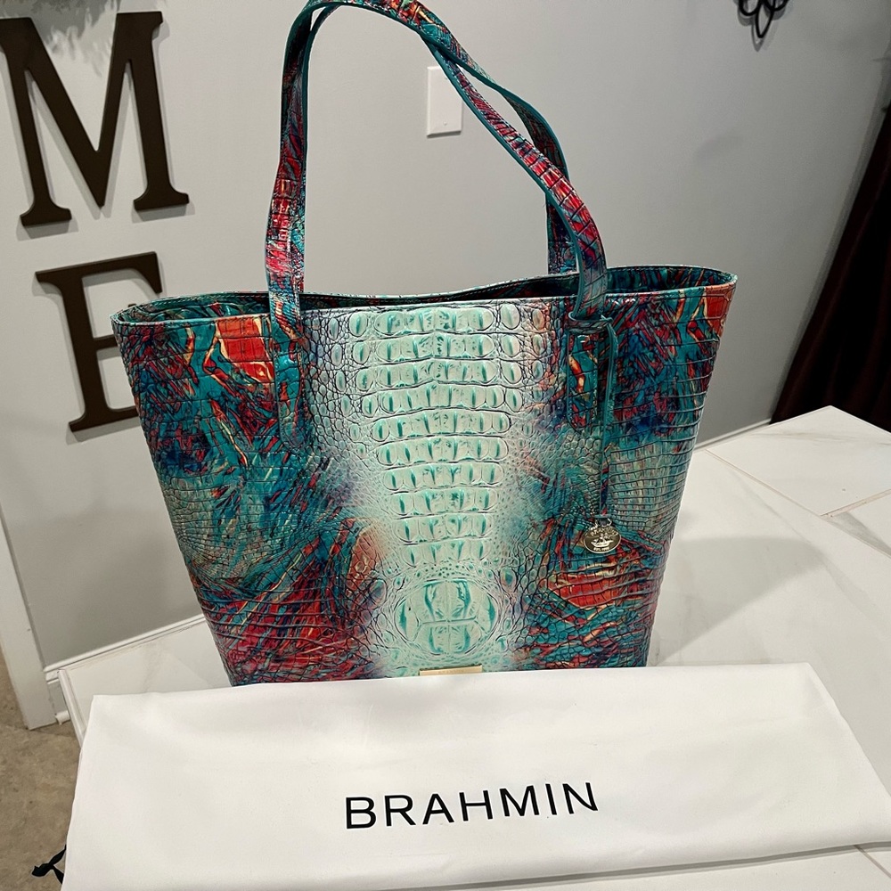 🧡💚 Authentic Brahmin Brooke Dream Ombré Melbourne Tote w/Pouch 💚🧡 - Picture 2 of 13